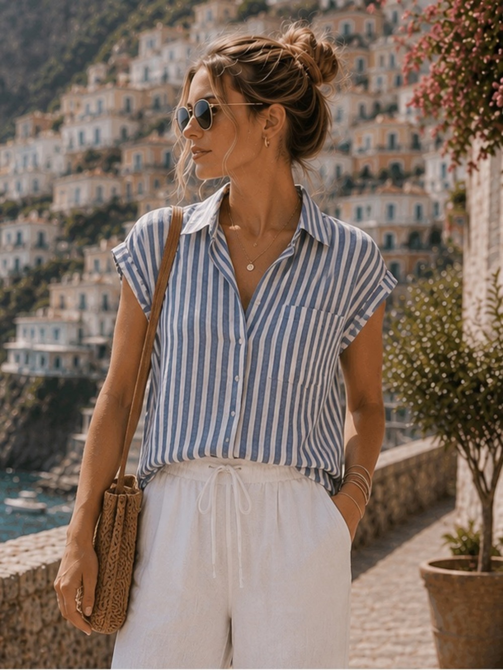 Orvis Blue & White Striped Linen Blend Button Front Top Size Small Coastal vibe